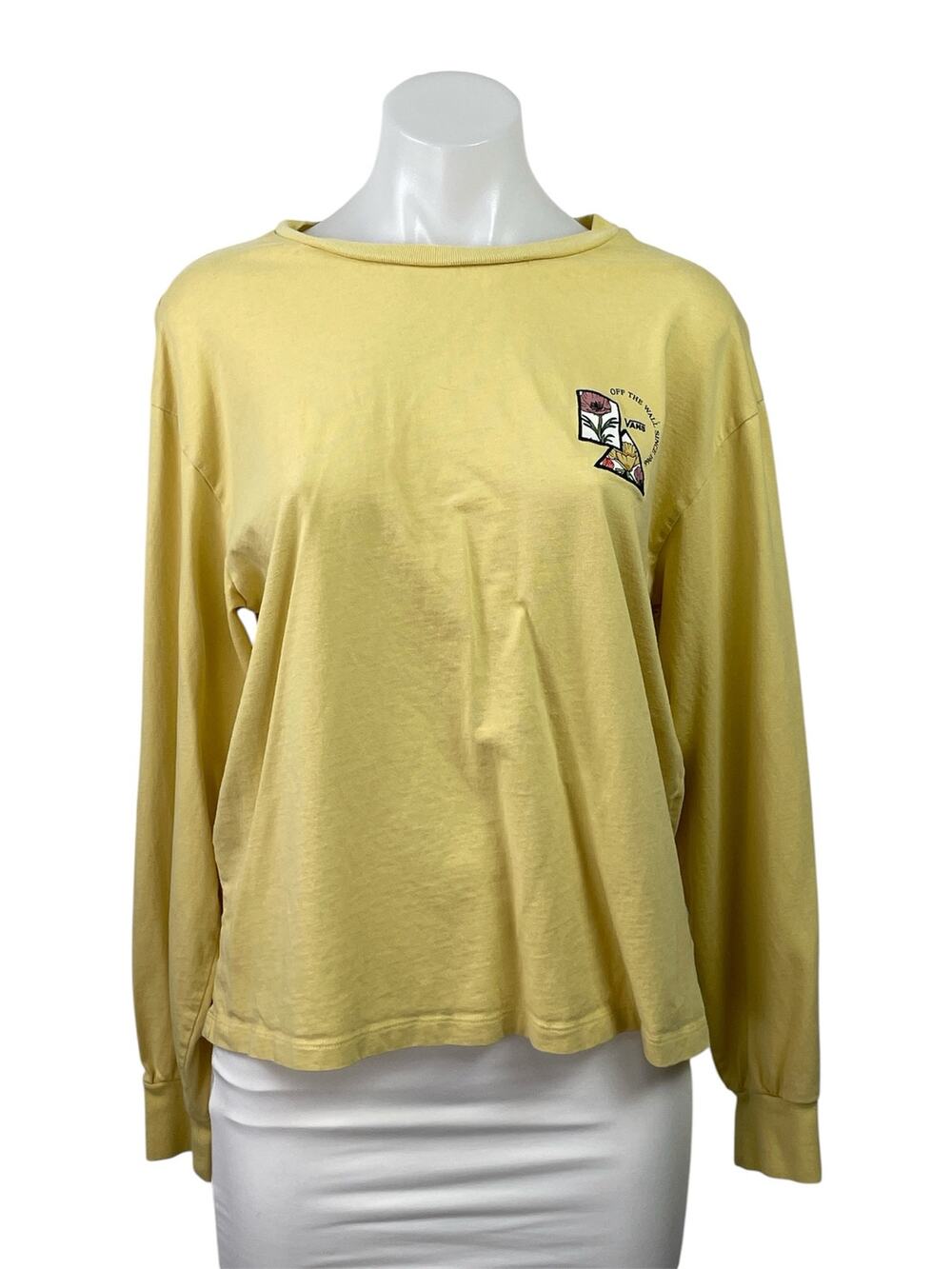 Vans Women's Yellow Long Sleeve Crew Flower Embroidered T Shirt Tee top Size M
